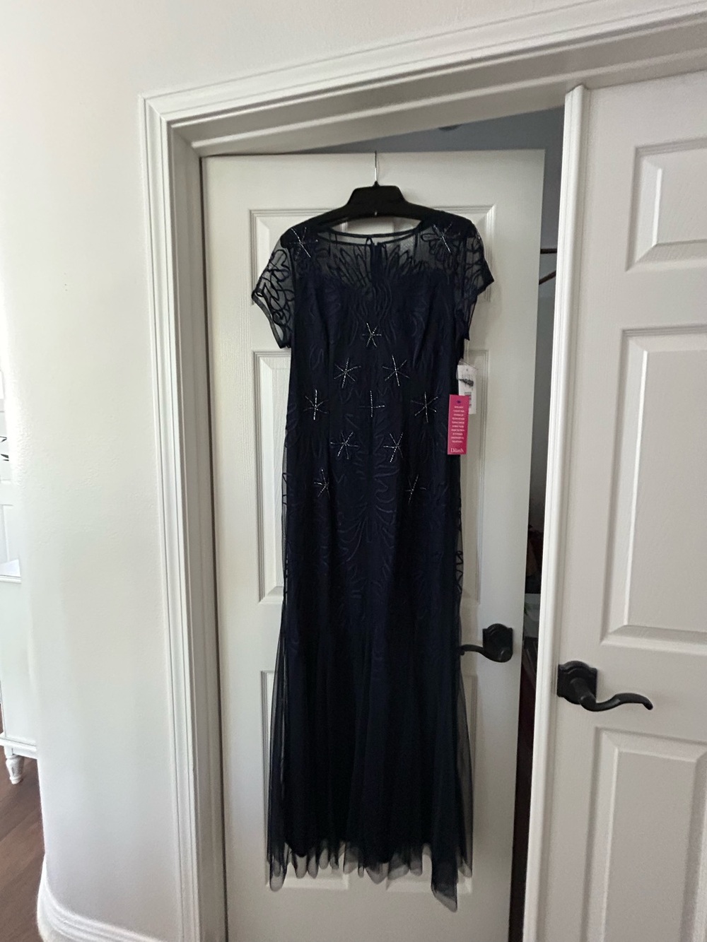 Elegant Navy Beaded Evening Dress with Sheer Overlay illusion gown NWT